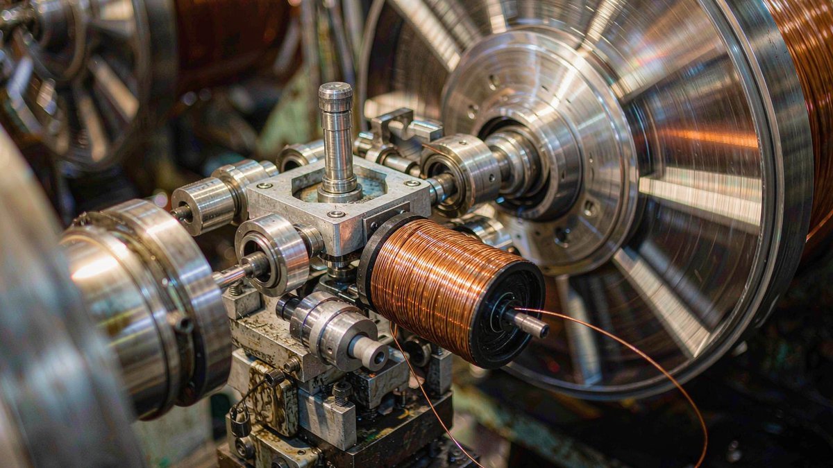 Copper transformer winding being wound on a machine in the factory