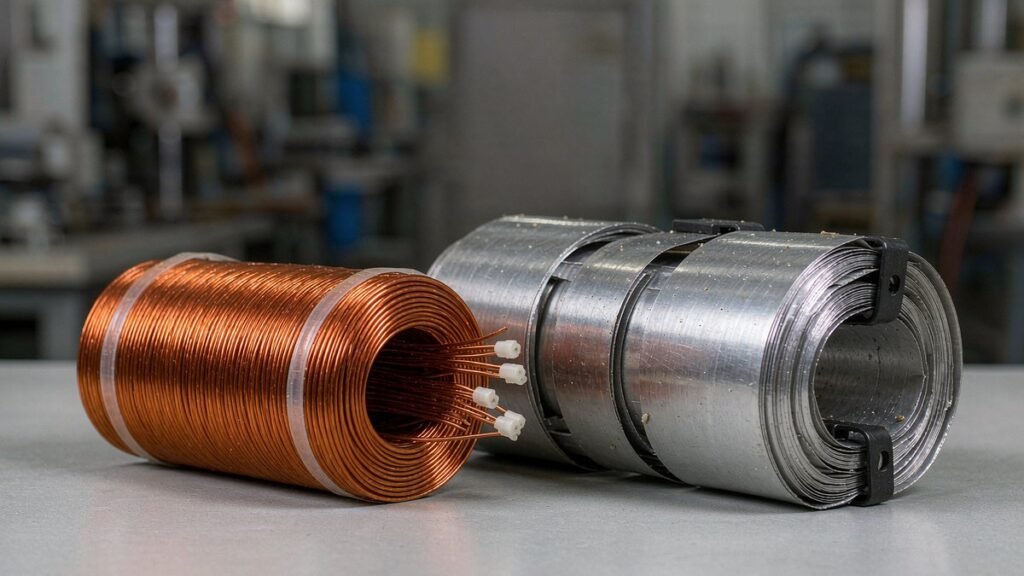 Copper and aluminium transformer windings compared side by side