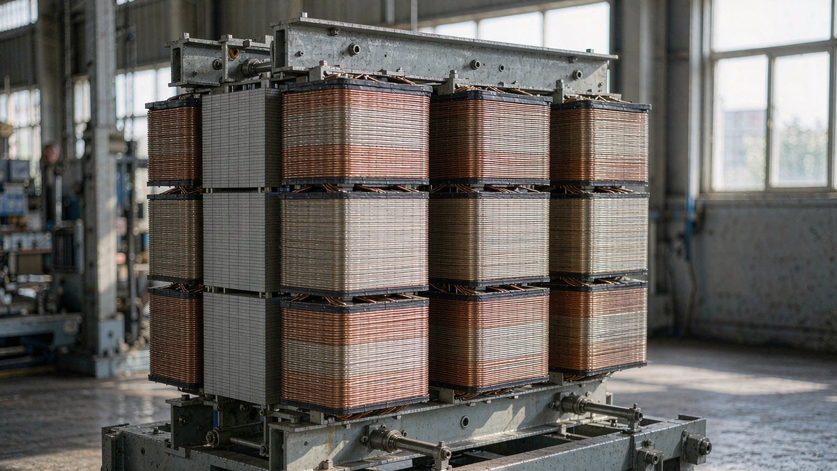 Distribution transformer windings assembled on a laminated steel core
